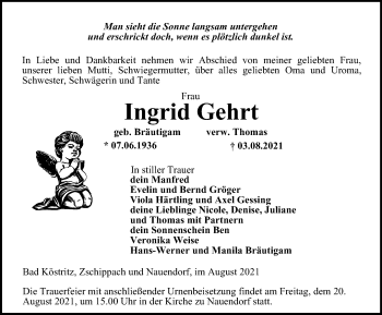 Traueranzeige von Ingrid Gehrt von Ostthüringer Zeitung