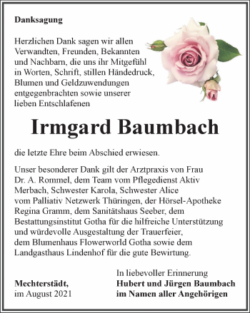 Traueranzeige von Irmgard Baumbach von Thüringer Allgemeine, Thüringische Landeszeitung