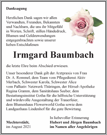 Traueranzeige von Irmgard Baumbach