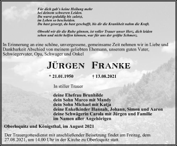Traueranzeige von Jürgen Franke von Ostthüringer Zeitung