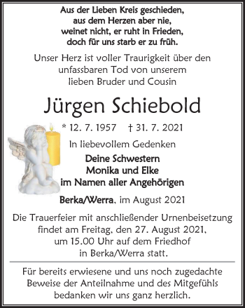 Traueranzeige von Jürgen Schiebold von Thüringer Allgemeine, Thüringische Landeszeitung