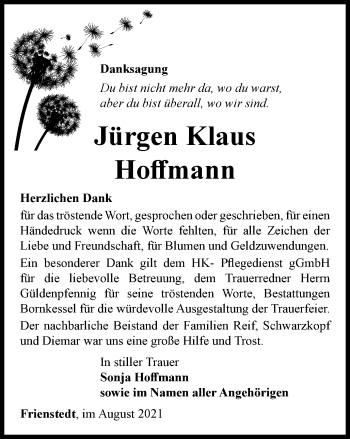 Traueranzeige von Jürgen Klaus Hoffmann von Thüringer Allgemeine, Thüringische Landeszeitung