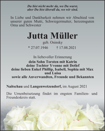 Traueranzeige von Jutta Müller von Ostthüringer Zeitung