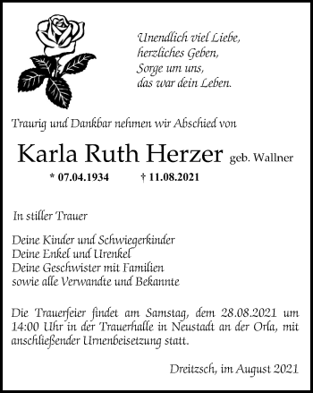 Traueranzeige von Karla Ruth Herzer