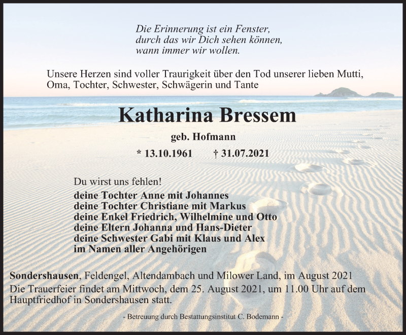  Traueranzeige für Katharina Bressem vom 14.08.2021 aus Thüringer Allgemeine