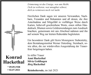 Traueranzeige von Konrad Hackethal von Thüringer Allgemeine