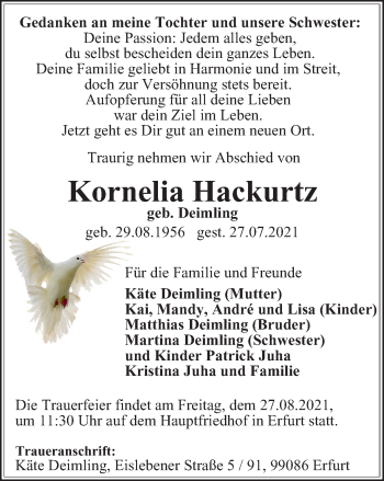 Traueranzeige von Kornelia Hackurtz