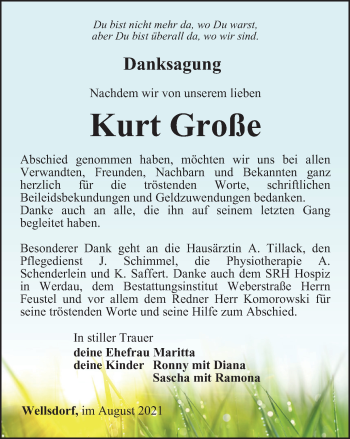 Traueranzeige von Kurt Große von Ostthüringer Zeitung