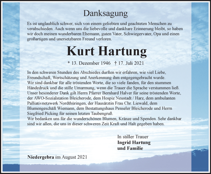  Traueranzeige für Kurt Hartung vom 13.08.2021 aus Thüringer Allgemeine
