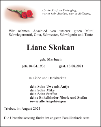 Traueranzeige von Liane Skokan von Ostthüringer Zeitung