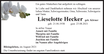 Traueranzeige von Lieselotte Hecker von Thüringer Allgemeine