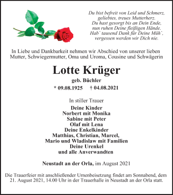 Traueranzeige von Lotte Krüger