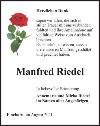 Traueranzeige von Manfred Riedel von Ostthüringer Zeitung