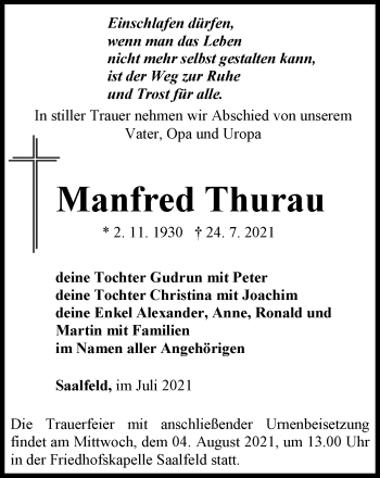 Traueranzeige von Manfred Thurau von Ostthüringer Zeitung