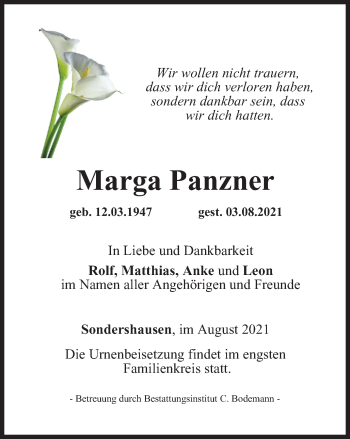 Traueranzeige von Marga Panzner