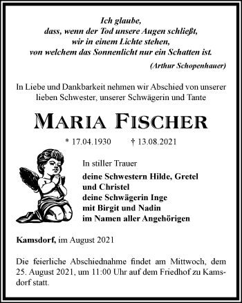 Traueranzeige von Maria Fischer von Ostthüringer Zeitung