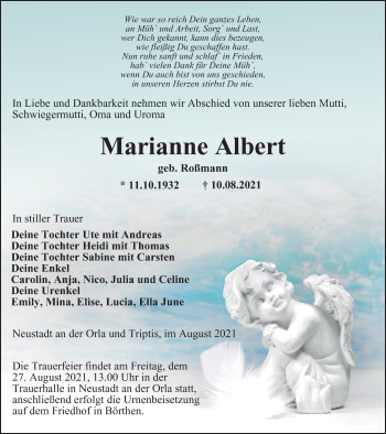 Traueranzeige von Marianne Albert