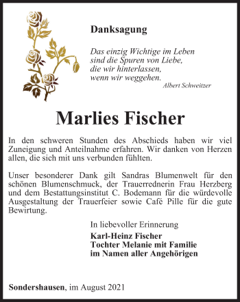 Traueranzeige von Marlies Fischer