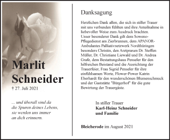 Traueranzeige von Marlit Schneider von Thüringer Allgemeine