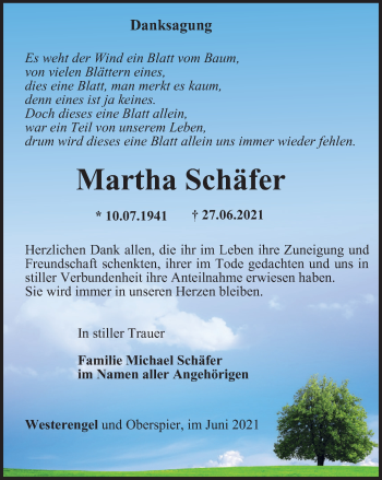 Traueranzeige von Martha Schäfer