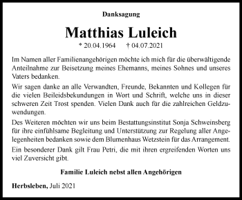 Traueranzeige von Matthias Luleich von Thüringer Allgemeine, Thüringische Landeszeitung