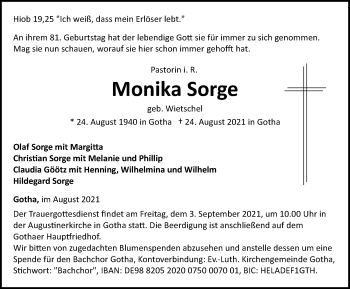 Traueranzeige von Monika Sorge von Thüringer Allgemeine, Thüringische Landeszeitung