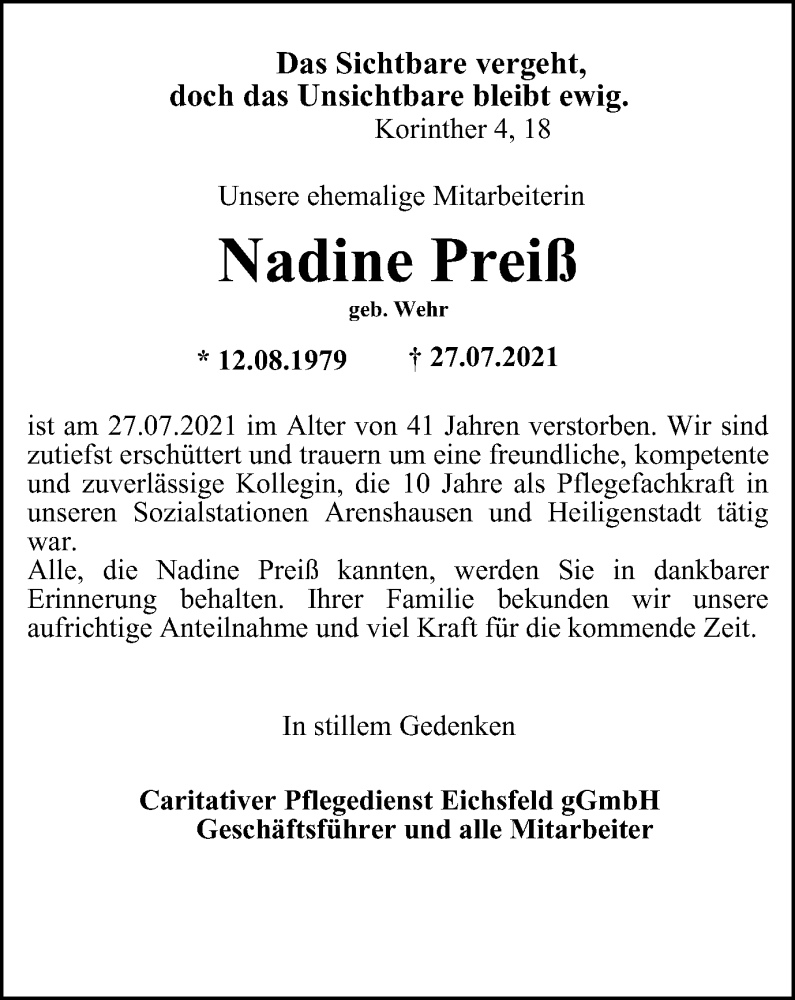  Traueranzeige für Nadine Preiß vom 04.08.2021 aus Thüringer Allgemeine