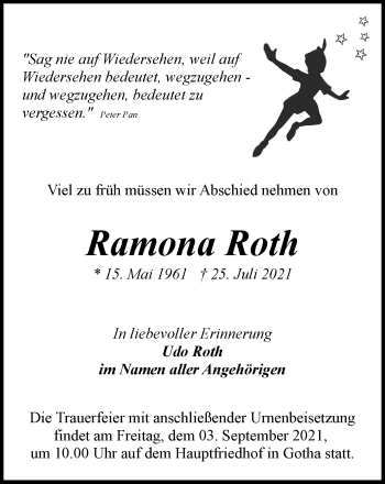 Traueranzeige von Ramona Roth von Thüringer Allgemeine, Thüringische Landeszeitung