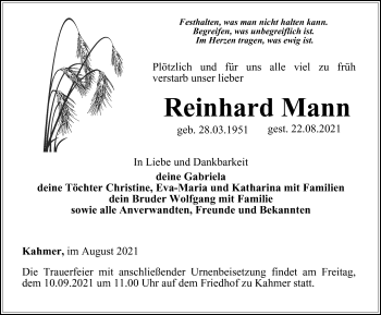 Traueranzeige von Reinhard Mann von Ostthüringer Zeitung