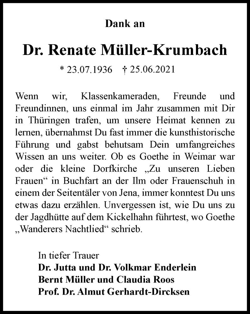  Traueranzeige für Renate Müller-Krumbach vom 14.08.2021 aus Thüringer Allgemeine, Thüringische Landeszeitung