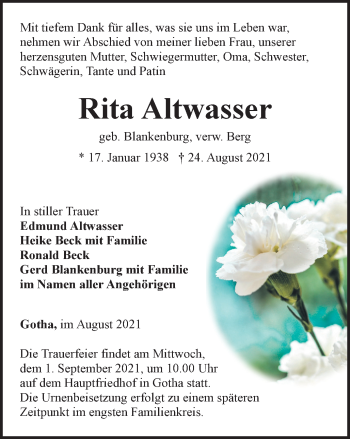 Traueranzeige von Rita Altwasser von Thüringer Allgemeine, Thüringische Landeszeitung