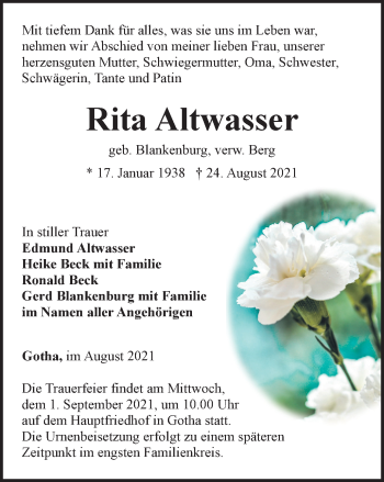 Traueranzeige von Rita Altwasser