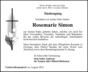 Traueranzeige von Rosemarie Simon von Ostthüringer Zeitung