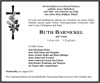 Traueranzeige von Ruth Barnickel von Ostthüringer Zeitung