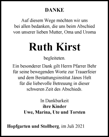 Traueranzeige von Ruth Kirst von Thüringer Allgemeine, Thüringische Landeszeitung