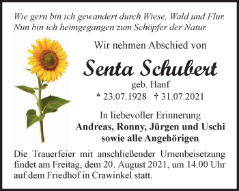 Traueranzeige von Senta Schubert von Thüringer Allgemeine, Thüringische Landeszeitung