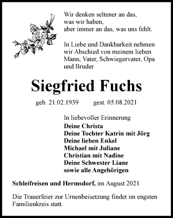 Traueranzeige von Siegfried Fuchs von Ostthüringer Zeitung