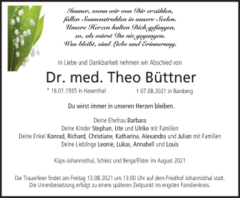 Traueranzeige von Theo Büttner von Ostthüringer Zeitung