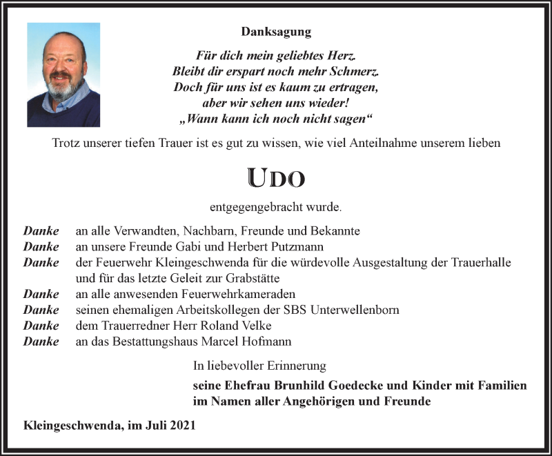  Traueranzeige für Udo  vom 31.07.2021 aus Ostthüringer Zeitung