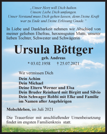 Traueranzeige von Ursula Böttger von Thüringer Allgemeine, Thüringische Landeszeitung