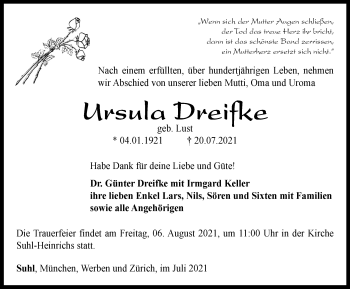 Traueranzeige von Ursula Dreifke von Thüringer Allgemeine