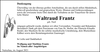 Traueranzeige von Waltraud Frantz von Ostthüringer Zeitung