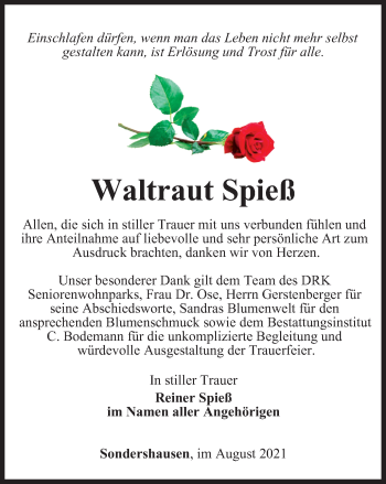 Traueranzeige von Waltraut Spieß