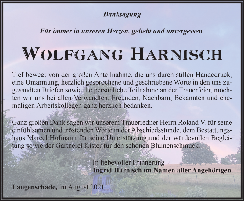  Traueranzeige für Wolfgang Harnisch vom 07.08.2021 aus Ostthüringer Zeitung
