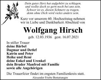 Traueranzeige von Wolfgang Hirsch