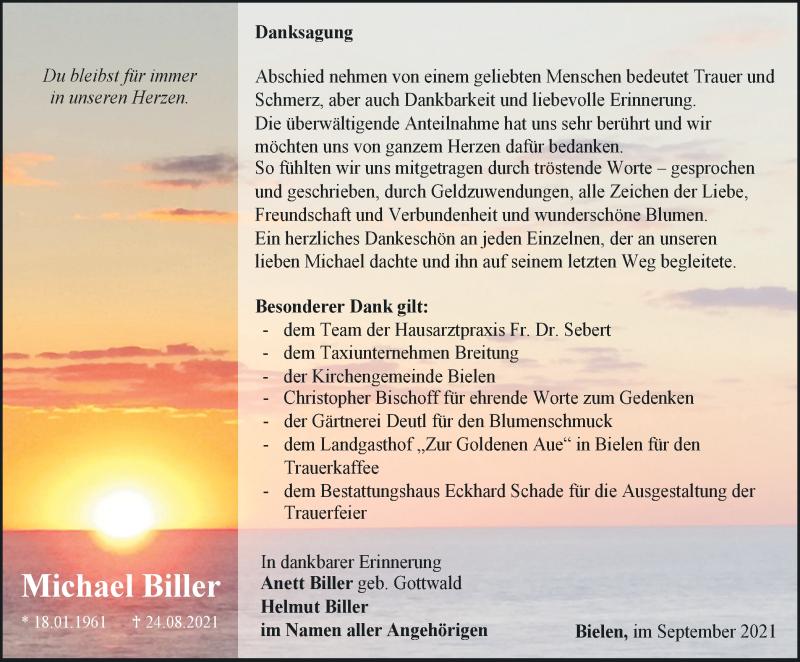  Traueranzeige für Michael Biller vom 11.09.2021 aus Thüringer Allgemeine, Thüringische Landeszeitung