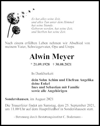 Traueranzeige von Alwin Meyer