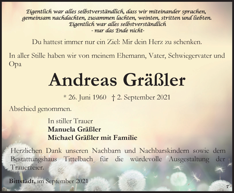  Traueranzeige für Andreas Gräßler vom 14.09.2021 aus Thüringer Allgemeine