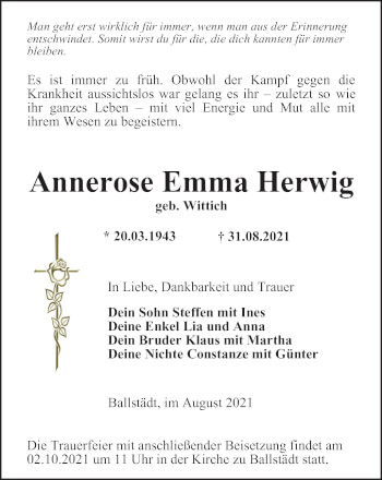 Traueranzeige von Annerose Emma Herwig von Thüringer Allgemeine, Thüringische Landeszeitung