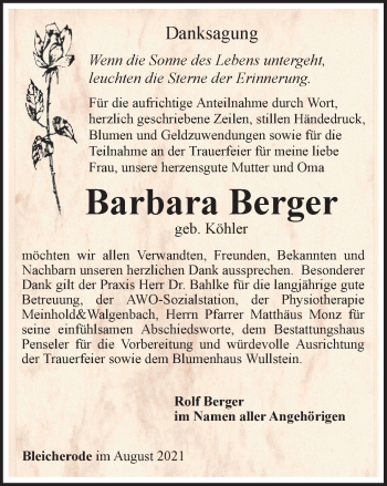 Traueranzeige von Barbara Berger von Thüringer Allgemeine